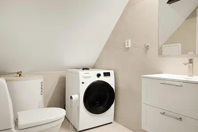 a bathroom with a washing machine and a toilet at Bergen City Living in Bergen