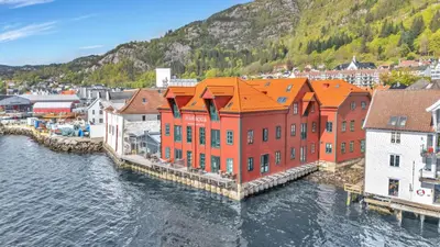 an aerial view of a town on the water at Heimby - Seaside View Luxury - Free Parking in Bergen