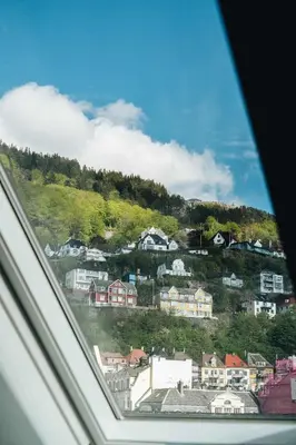 a view of a town from a window at DINBNB Apartments l 100m to Bryggen l Pet Friendly l Sleeps 4 l Smart-TV in Bergen