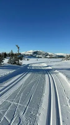 a snowy road with tire tracks in the snow at Family-Friendly Mountain Cabin At Haglebu in Haglebu