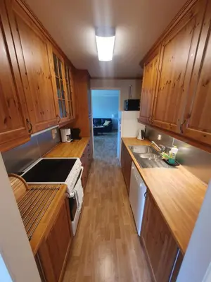 a small kitchen with wooden cabinets and a sink at Leilighet i Røldal in Håra