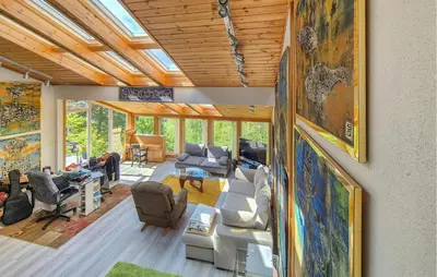 a living room with a lot of furniture and a ceiling at Nice Apartment In Bergen With Wifi in Bergen