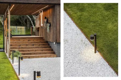 two pictures of a house with stairs and grass at Kvitsand Ocean Castle in Hitra