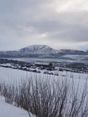 a snowy field with a town and a mountain in the background at Fjellleilighet med drømmeutsikt in Oppdal