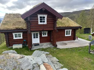 a log cabin with a grass roof at Lekker tømmerhytte in Tyinkrysset