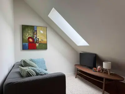 a living room with a couch and a tv at Heimby Homes - Four Bedroom Family Penthouse in Bergen