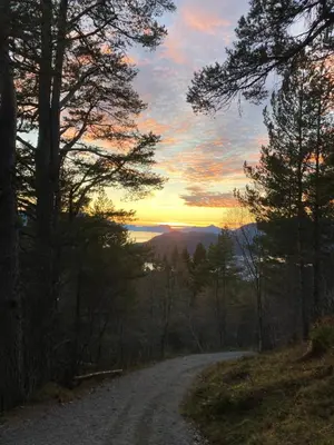 a dirt road with a sunset in the distance at Petersstova in Ålesund