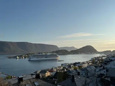 a cruise ship is docked in a large body of water at Attractive and central apartment in Ålesund