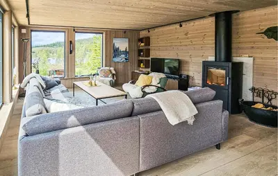 a living room with a couch and a fireplace at 4 Bedroom Nice Home In Vinje in Trovatn