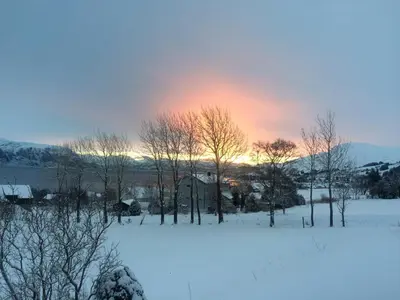 a snow covered field with trees and a sunset at Stavetunet in Stadlandet
