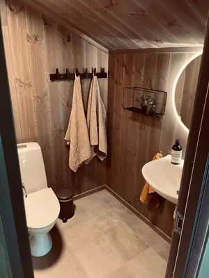 a bathroom with a toilet and a sink at New Apartment, Porch & Sauna, Sunnmøre Alps in Stranda