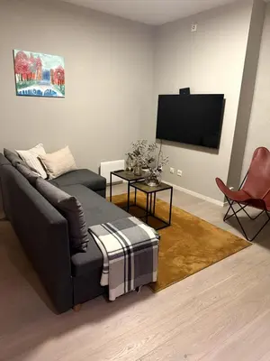 a living room with a couch and a flat screen tv at Modern central apartment in a quiet area in Bergen
