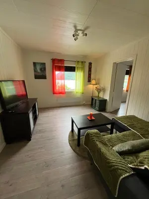 a living room with a couch and a tv at Green apartment in Odda