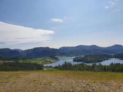 a view from the top of a hill overlooking a lake at Feriehus Rodal med Båt in Rodal