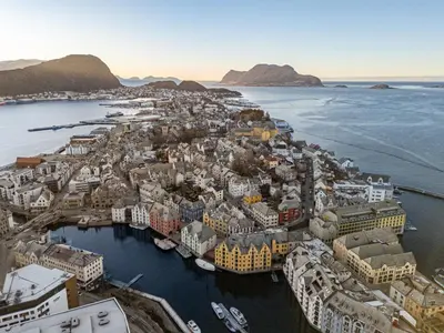 an aerial view of a town on the water at Apartment in the heart of Ålesund city in Ålesund