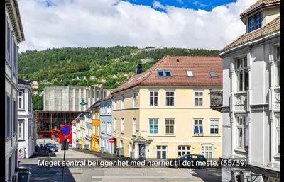 a street in a town with buildings and a mountain at Koselig bygårdsleilighet i Bergen sentrum in Bergen