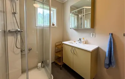 a bathroom with a shower and a sink and a mirror at 7 Bedroom Amazing Home In Nedre Vats in Stokka