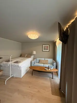 a bedroom with a bed and a couch and a table at New Modern Apartment Near Tram Fantoft in Bergen