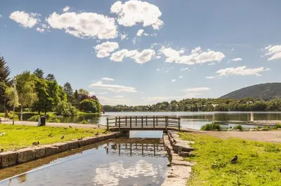 a wooden bridge over a river with a pond at New Modern Apartment Near Tram Fantoft in Bergen