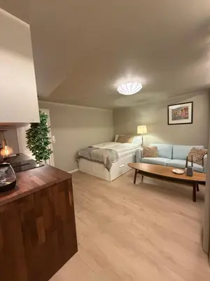 a living room with a bed and a couch at New Modern Apartment Near Tram Fantoft in Bergen