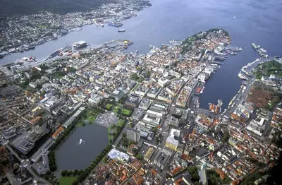 an aerial view of a city with a harbor at Cozy Gem in the Heart Of Bergen in Bergen