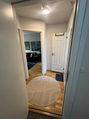 a hallway with a white door and a rug at Cozy Gem in the Heart Of Bergen in Bergen