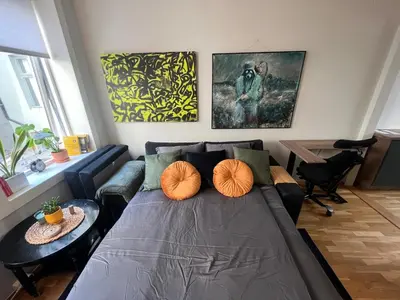 a living room with a bed and a couch at Cozy Gem in the Heart Of Bergen in Bergen