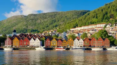 a group of colorful houses on the water with boats at Cozy Gem in the Heart Of Bergen in Bergen