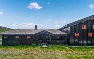 a black barn with red windows in a field at Cozy Home In Hemsedal With Sauna in Hemsedal