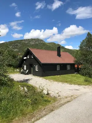 a black house with a hill in the background at Hovden Fjellpark 71 in Hovden