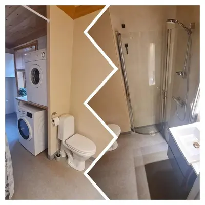 a bathroom with a shower toilet and a washing machine at Waterfront Villa Boat Included, Near Bergen in Lindås