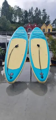 two surfboards are sitting on display in the water at Waterfront Villa Boat Included, Near Bergen in Lindås