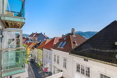 a view of a city street with buildings at Central Bergen apt w Balcony in Bergen