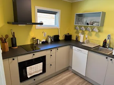 a kitchen with white cabinets and a sink at Flåm Tinyhouse with a Waterfall View in Flåm
