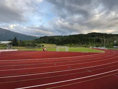 a race track with a soccer ball and a goal at Nylendo in Ulvik