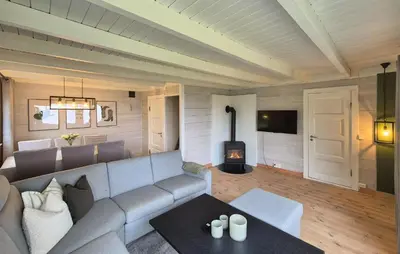 a living room with a couch and a fireplace at Nice Home In Aksdal With House Sea View in Aksdal