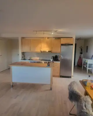 an empty kitchen with a counter and a refrigerator at Synnseter, Synnfjellet, Fjellstuguvegen 38, 2880 Nord Torpa in Lii