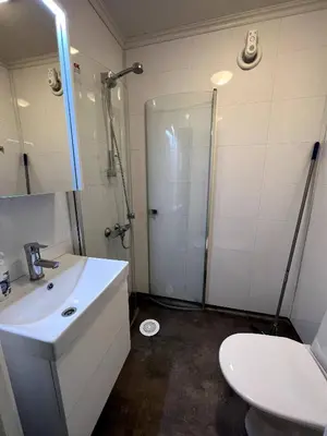 a bathroom with a shower and a sink and a toilet at Fjord view apartment in Vaksdal