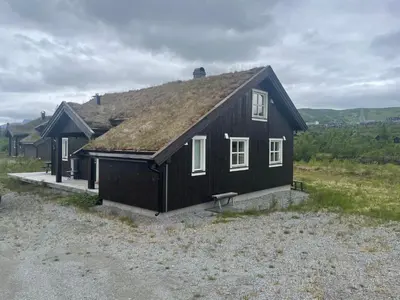 a black house with a grass roof on a field at Modern Mountain Escape in Beitostøl