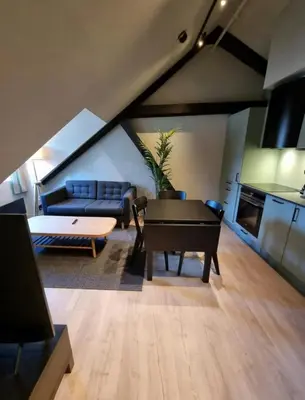 a living room with a couch and a table at Central Apartment for 2 in Trondheim