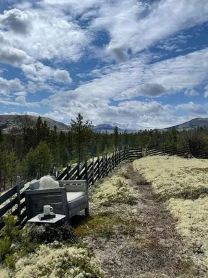 a bench sitting in a field next to a fence at Log Cabin With Views Of Rondane Mountains in Folldal