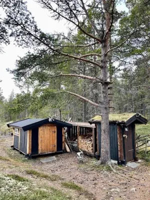 a couple of small wooden huts with a tree at Log Cabin With Views Of Rondane Mountains in Folldal
