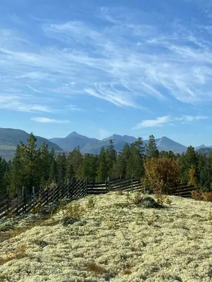 a fence on a hill with mountains in the background at Log Cabin With Views Of Rondane Mountains in Folldal