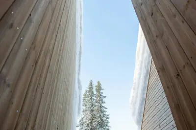a tree in the middle of two tall buildings at Modern Family Cabin With Trysil Mountain Views in Trysil