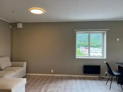 a living room with a couch and a window at Åndalsnes House---Apartments in Åndalsnes