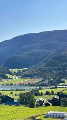 a green field with houses and a mountain in the background at Cozy house on Gryttingshaugen, near Vinstra in Sør-Fron