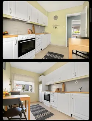 two pictures of a kitchen with white cabinets and a table at Great Downtown Apartment in Lii