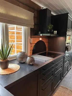 a kitchen with a counter top with a stove at Sjarmerende tømmerhytte på Bjorli in Lii