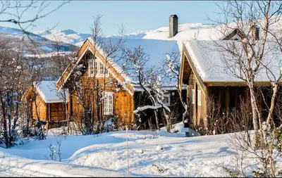 a house with snow on the roof of it at Family Cabin For Many In The High Mountains in Hovet
