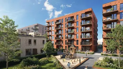 a rendering of an apartment building with a playground at LADE - leilighet i Ringve Pluss in Trondheim